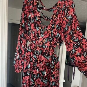 Skies Are Blue Red and Black Floral Long Sleeve Dress